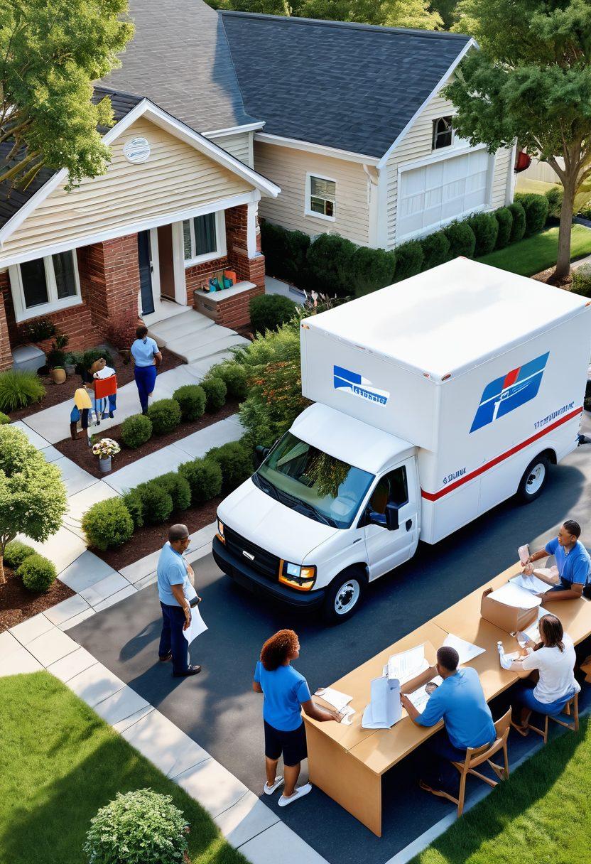 A dynamic visual illustrating the journey from a mail carrier delivering letters in a suburban neighborhood to a postal management office with a diverse team brainstorming around a conference table. Incorporate elements like letters, a postal truck, and digital charts showcasing growth and career progression. Emphasize a sense of professionalism and teamwork. super-realistic. vibrant colors. 3D.