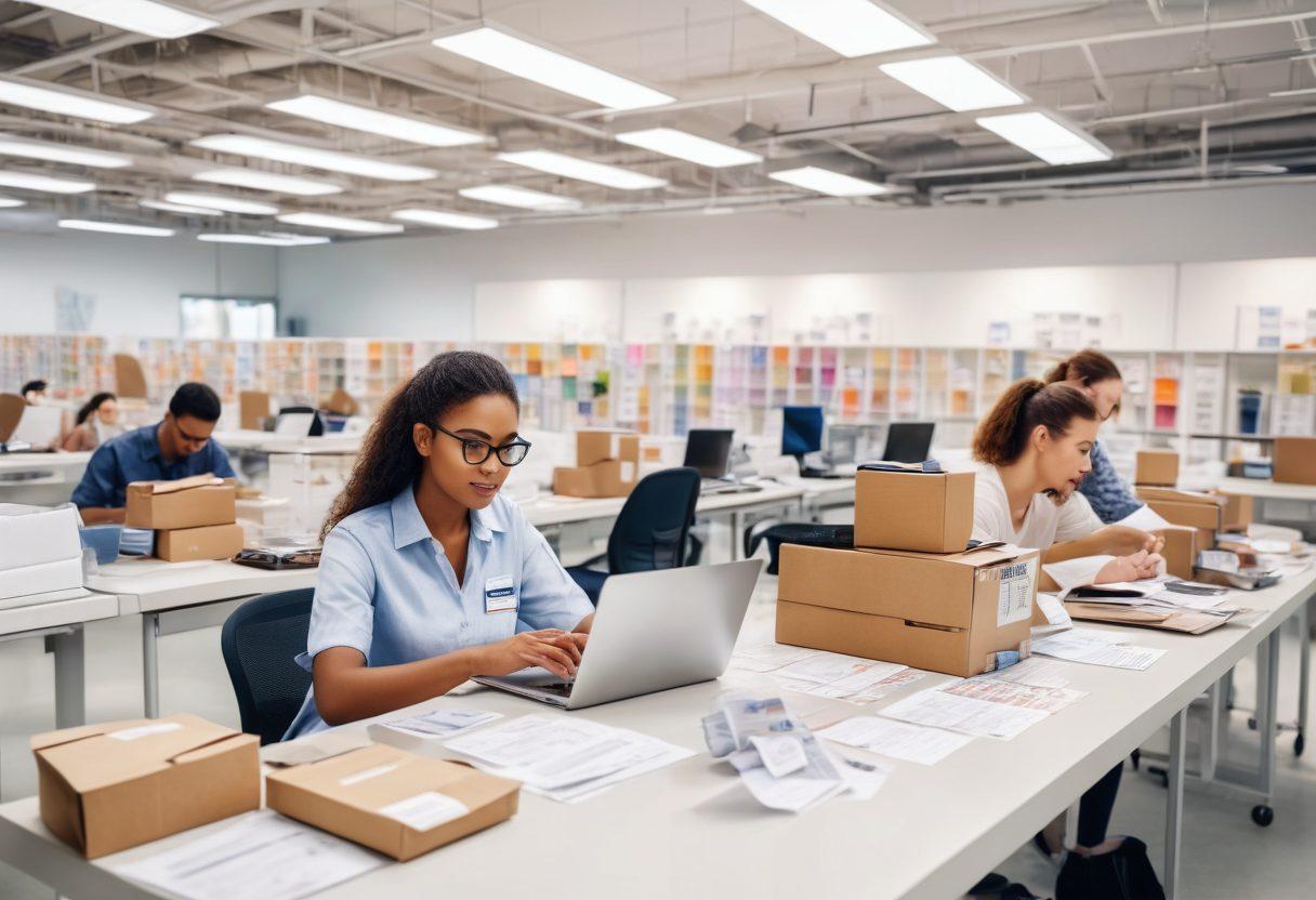 A bustling mail services center with employees efficiently sorting through letters and packages, showcasing diversity among the workforce. In the foreground, a focused individual with an open laptop, preparing job applications, surrounded by postal-themed decor like stamps and postcards. Bright lighting to evoke a sense of productivity and ambition. super-realistic. vibrant colors. white background.
